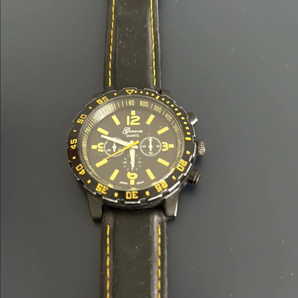Black and Yellow Sport Watch with Leather Strap